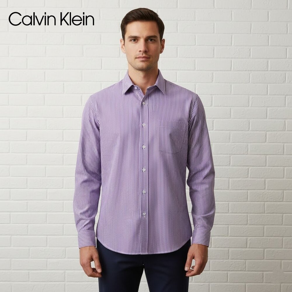 Calvin Klein Men’s 16 1/2 Shirt Purple and White Stripes Button Down Long Sleeve